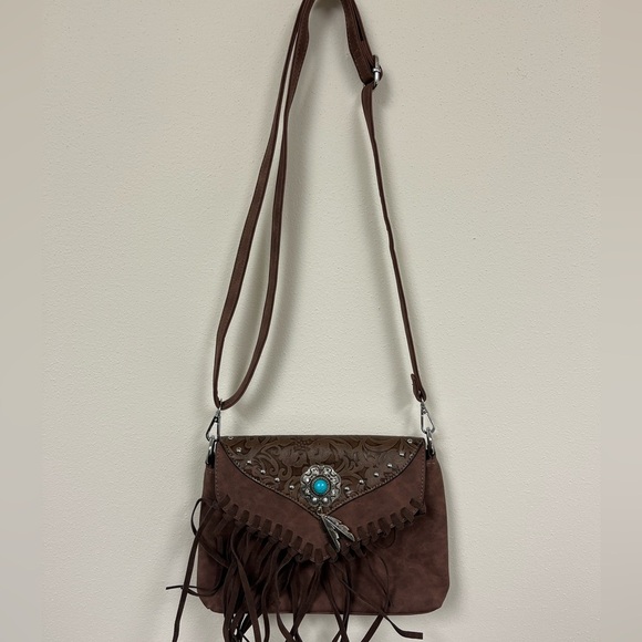 Leather And Turquoise Brown Fringe Shoulder Bag - Picture 2 of 12